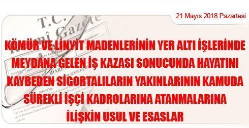 Kömür ve Linyit Madenlerinin Yer Altı İşlerinde Meydana Gelen İş Kazası Sonucunda Hayatını Kaybeden Sigortalıların Yakınlarının Kamuda Sürekli İşçi Kadrolarına Atanmalarına İlişkin Usul ve Esaslar