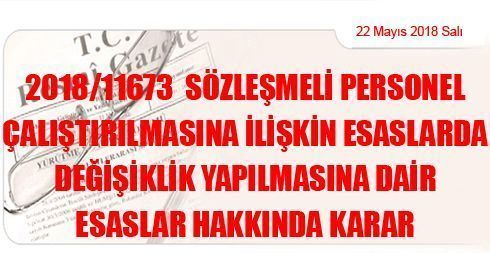 2018/11673 Sözleşmeli Personel Çalıştırılmasına İlişkin Esaslarda Değişiklik Yapılmasına Dair Esaslar Hakkında Karar