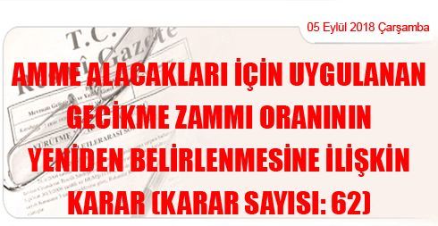 Amme Alacakları İçin Uygulanan Gecikme Zammı Oranının Yeniden Belirlenmesine İlişkin Karar (Karar Sayısı: 62)